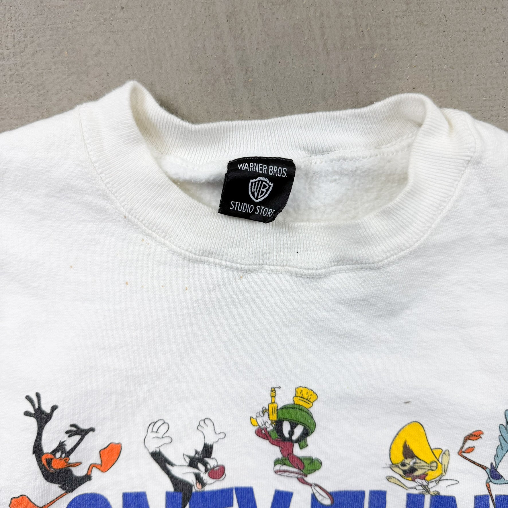 F- Vintage '95 Looney Tunes Characters & Text Graphic Made In USA Crewneck