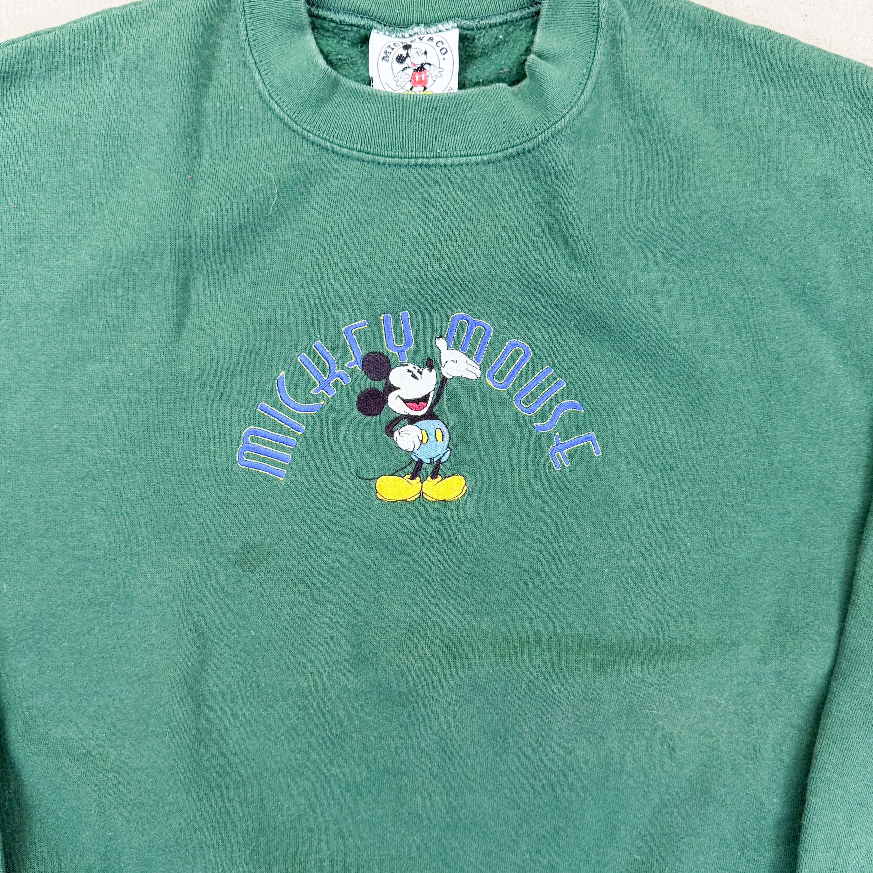 F- Vintage Disney Mickey Mouse Embroidered Text & Character Made In USA Crewneck