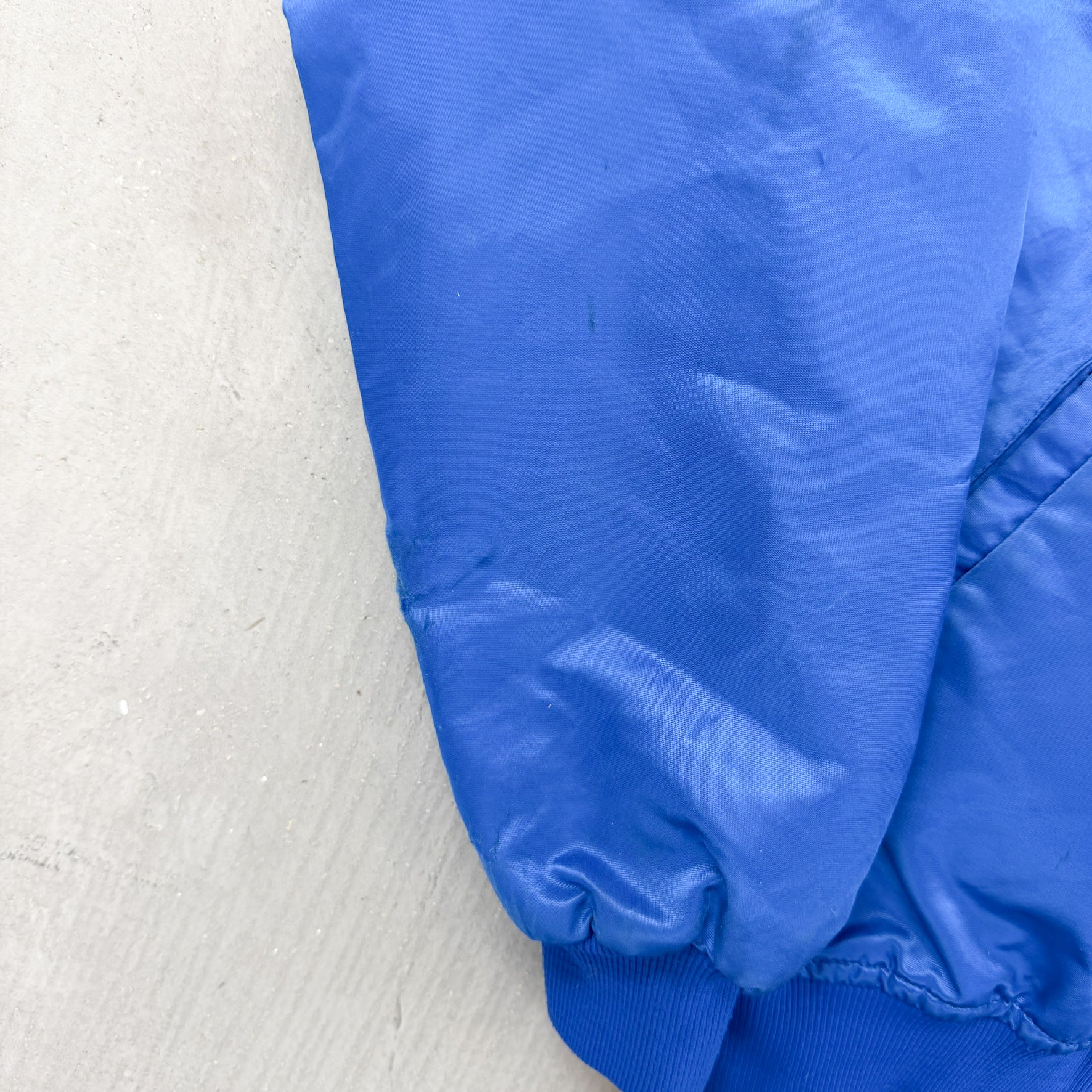 F- Vintage Buffalo Bills NFL Starter Logo Patch Satin Bomber Jacket