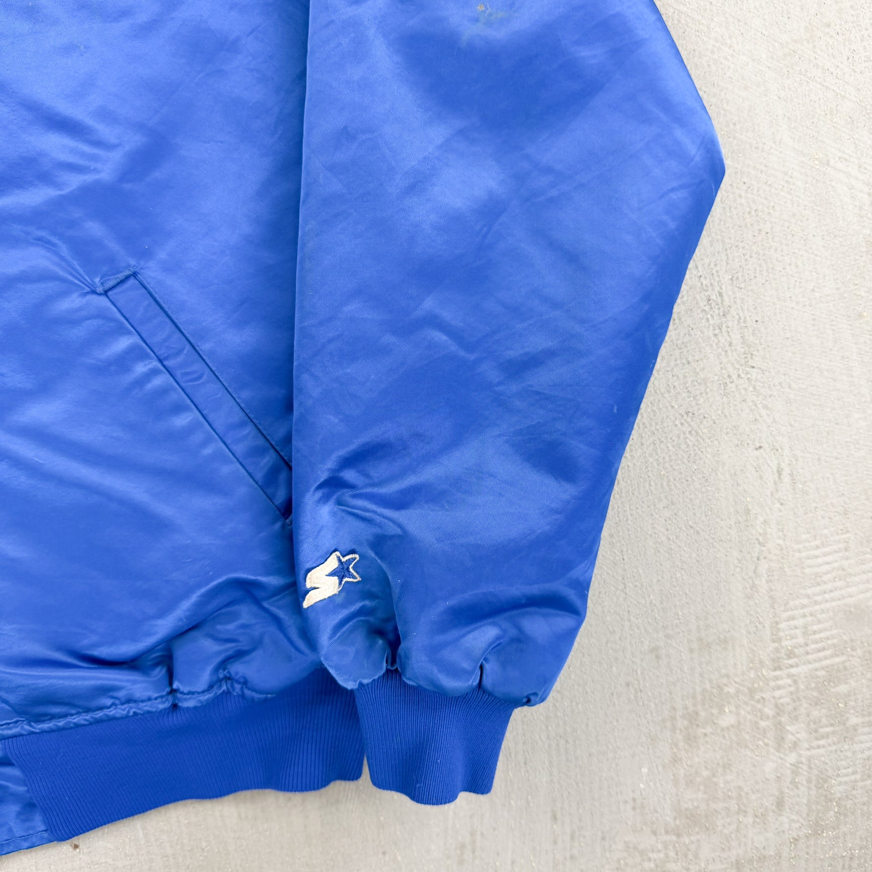 F- Vintage Buffalo Bills NFL Starter Logo Patch Satin Bomber Jacket