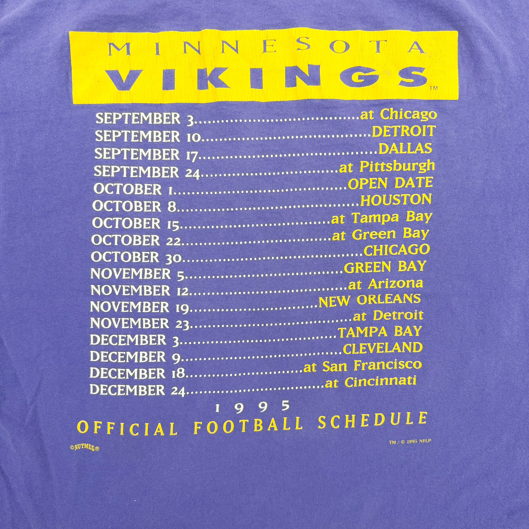 F- Vintage '95 Minnesota Vikings NFL Official Schedule Graphic Made In USA Tee