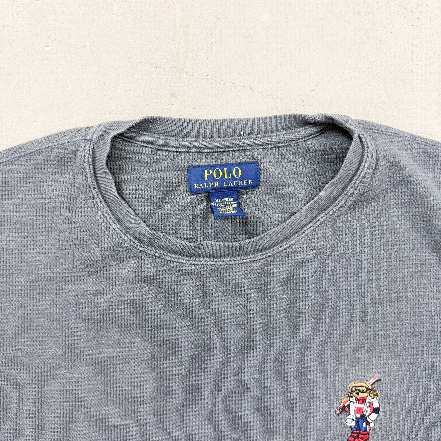 F- Vintage Polo Ralph Lauren Embroidered Bear Thermal Waffle Long Sleeve Tee