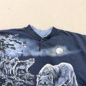 F- Vintage Art Unlimited Wolves & Moon Made In USA Henley Crewneck