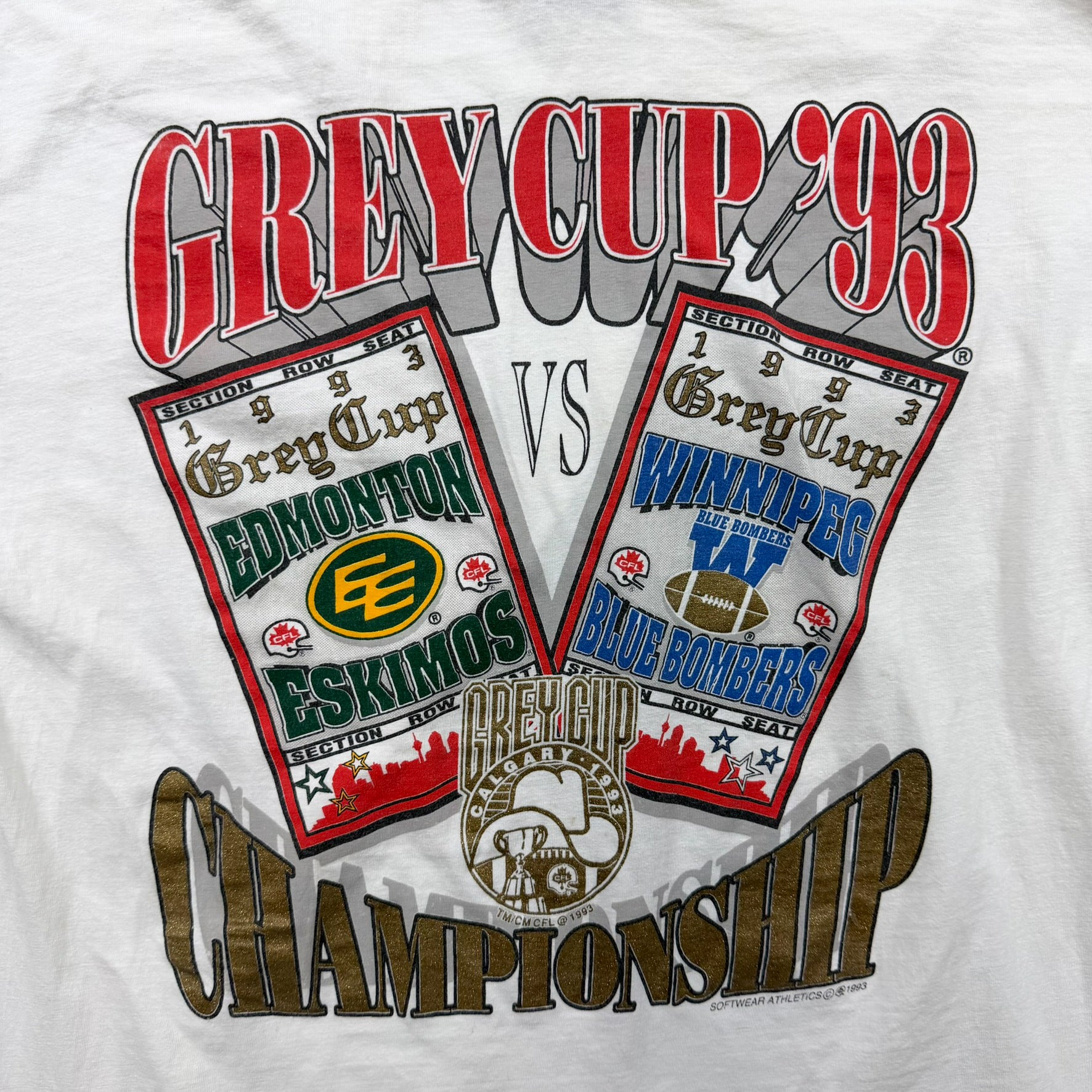 F- Vintage '93 CFL Grey Cup Edmonton Elks Vs Winnipeg Blue Bombers Single Stitch Tee