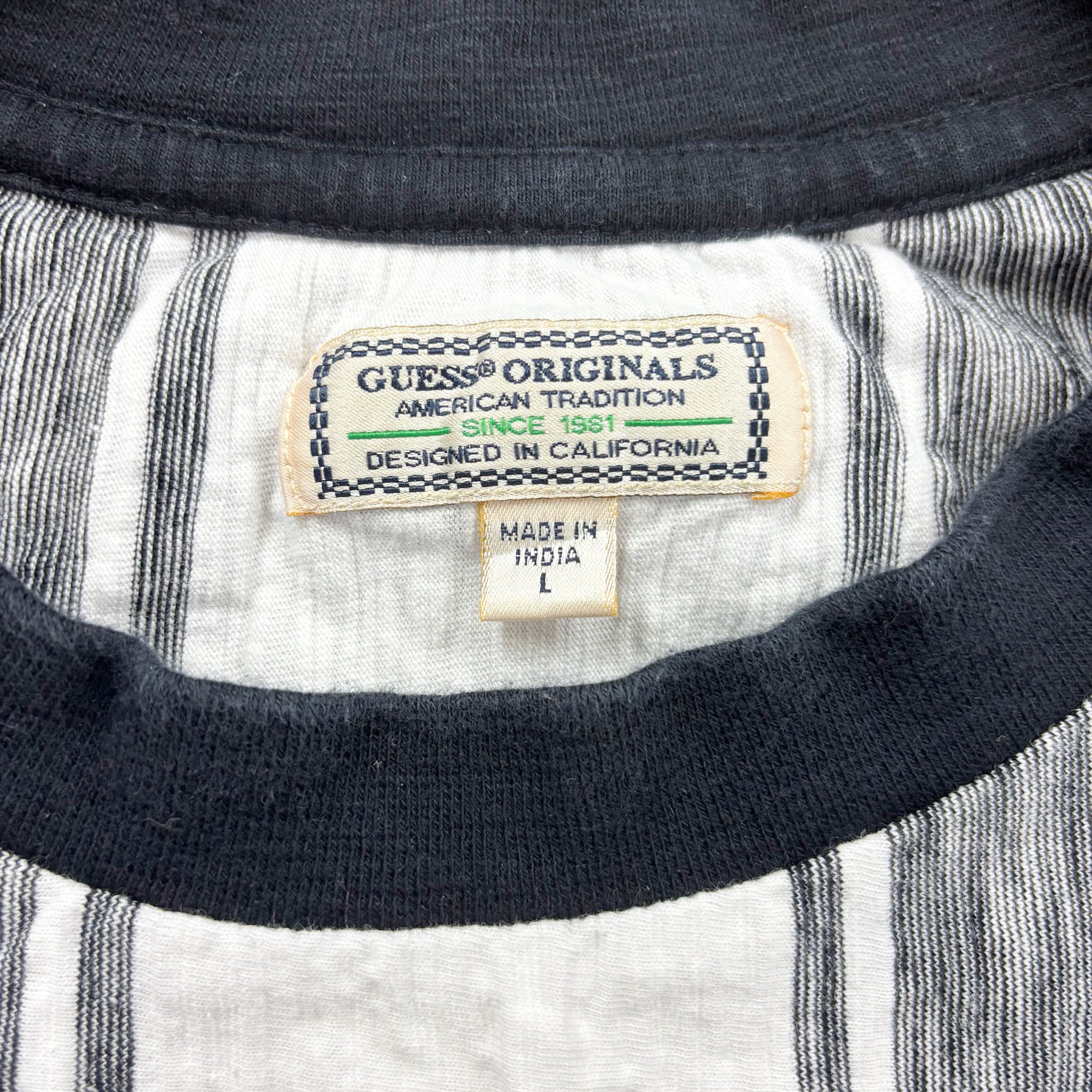 F- Vintage Guess Los Angeles Embroidered Text Stripped Tee