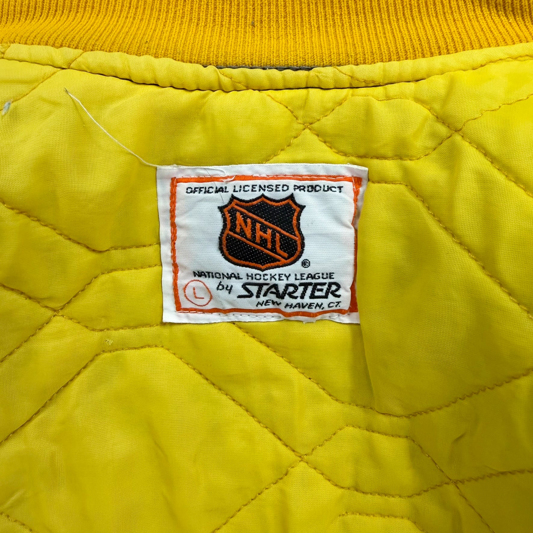 F- Vintage Boston Bruins NHL Starter Satin Bomber Jacket