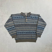 F- Vintage Matrix Pattern Henley Knit Sweater
