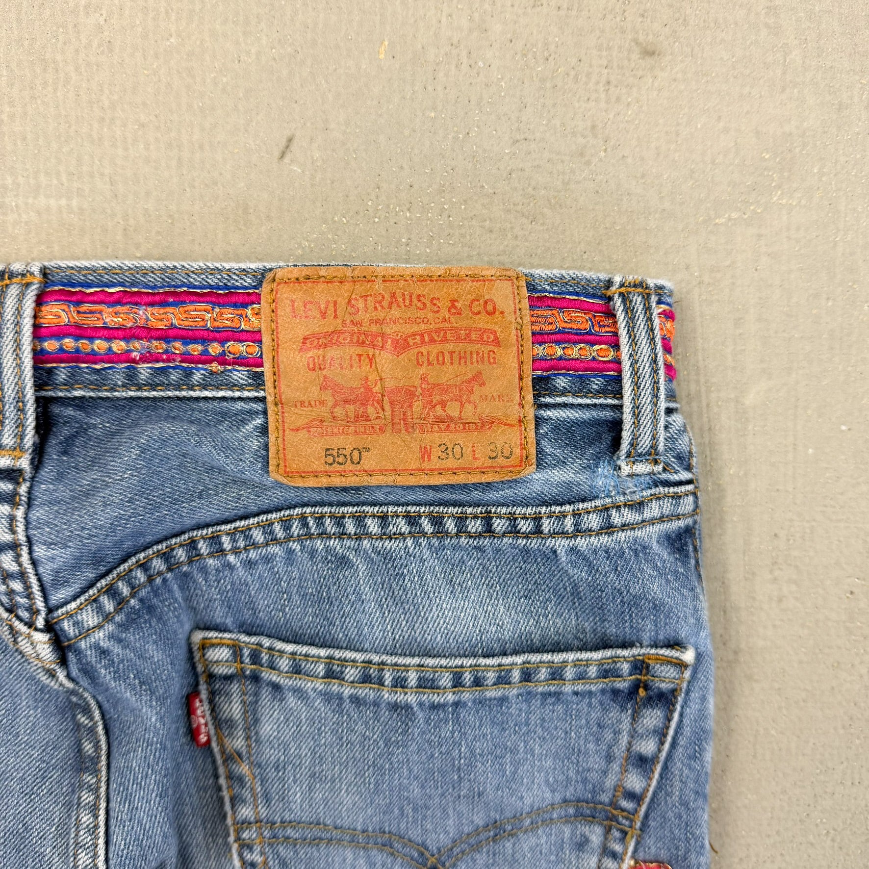 F- HOM Levi's 550 Hand Beaded Reworked Custom Jeans
