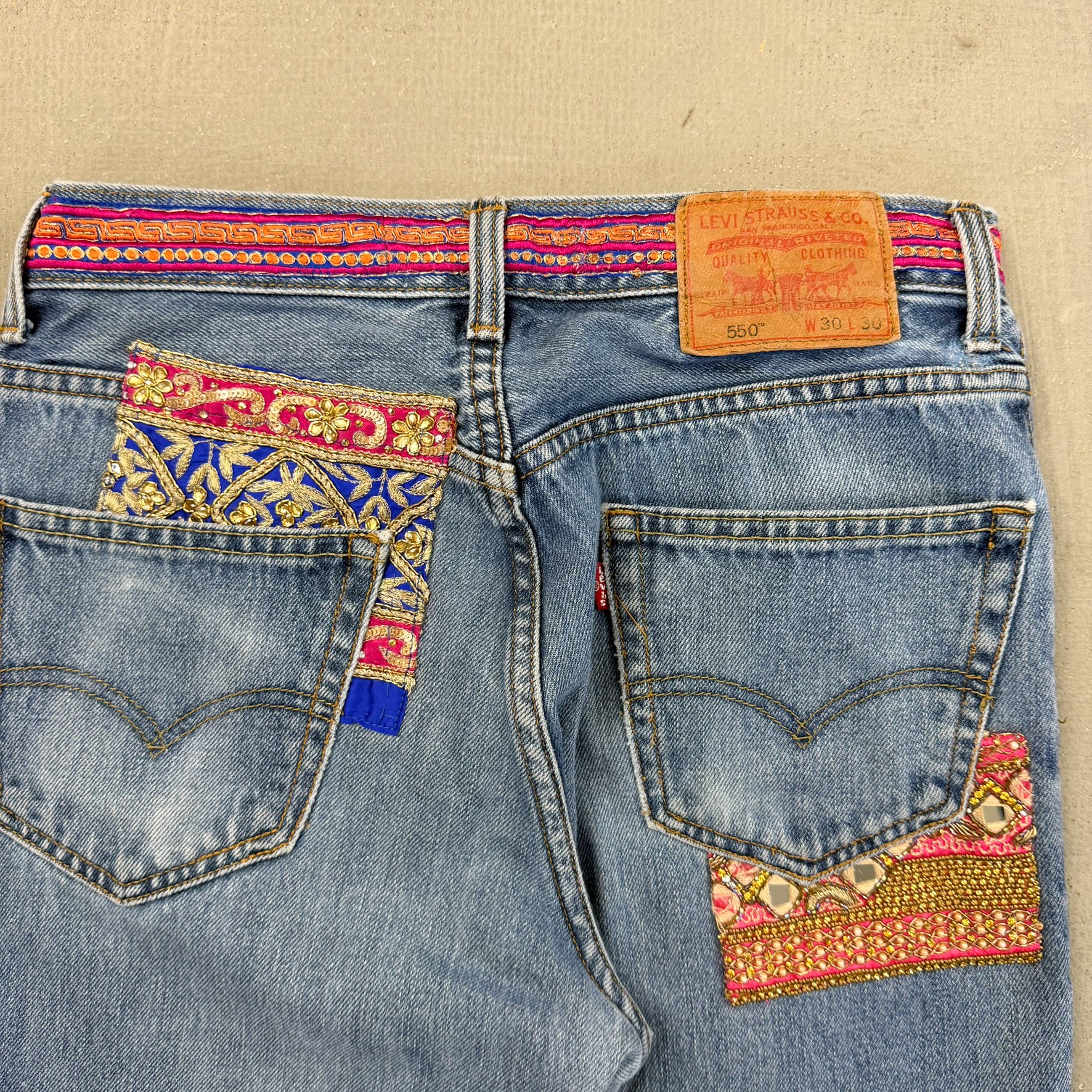 F- HOM Levi's 550 Hand Beaded Reworked Custom Jeans