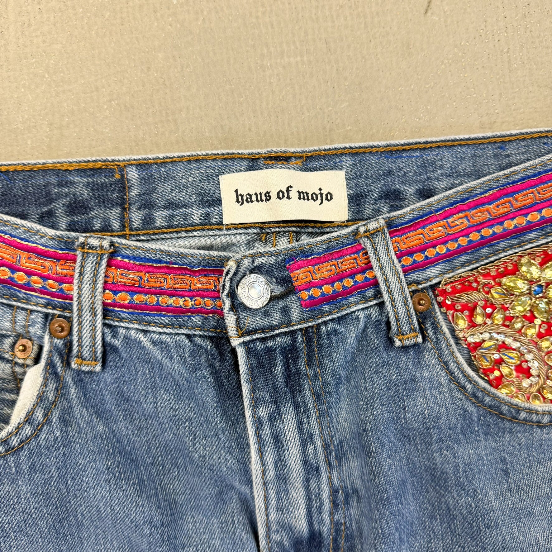 F- HOM Levi's 550 Hand Beaded Reworked Custom Jeans