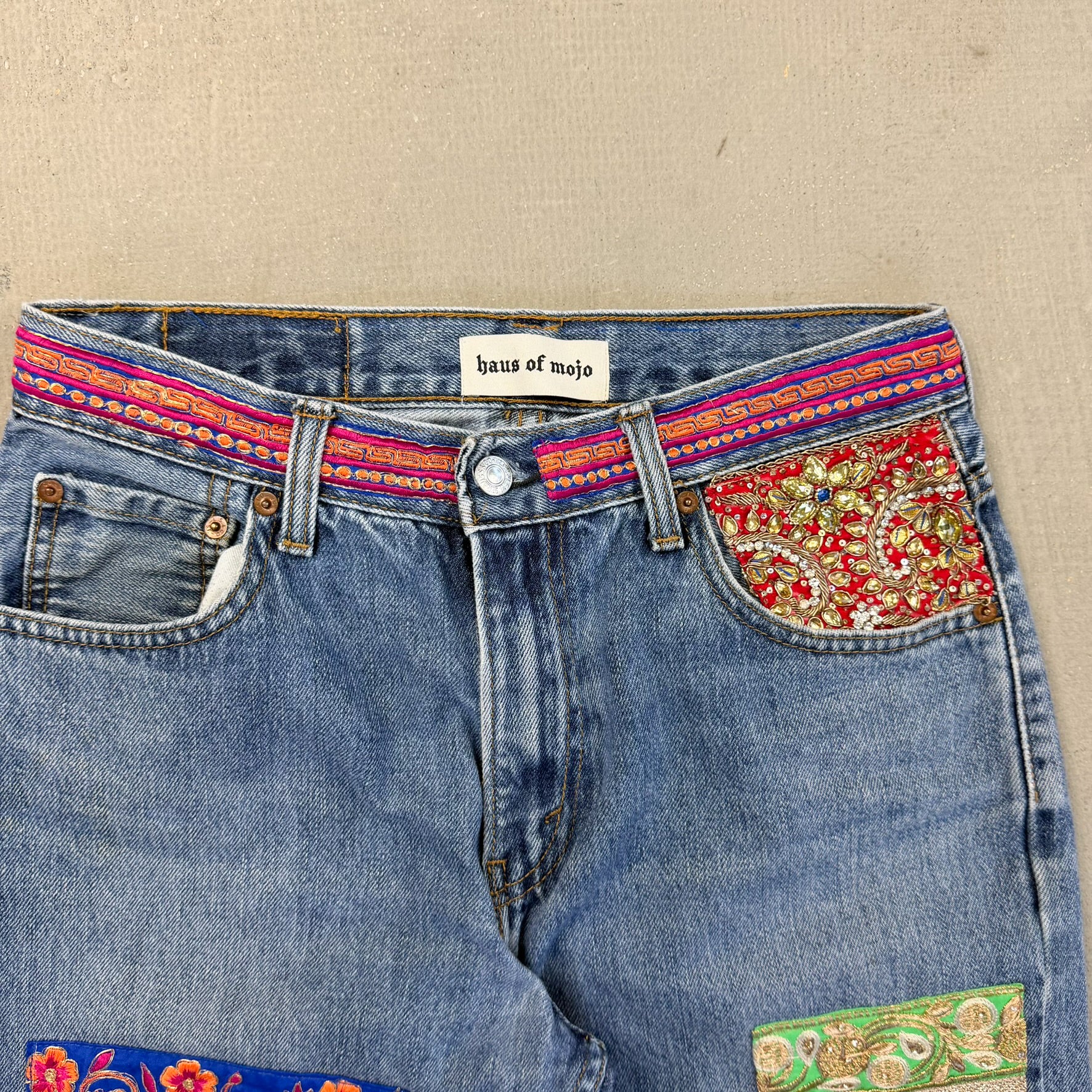 F- HOM Levi's 550 Hand Beaded Reworked Custom Jeans