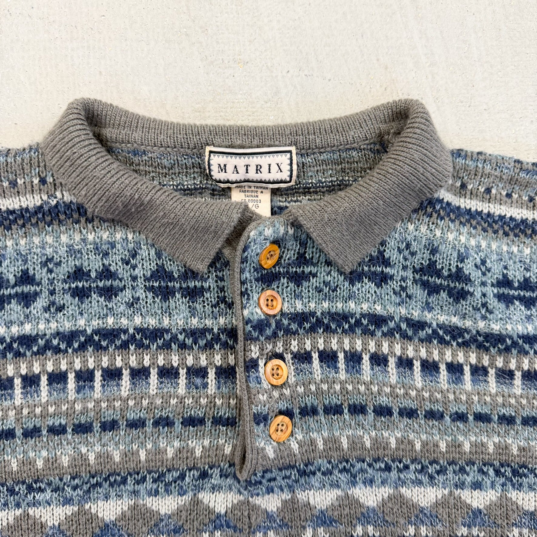 F- Vintage Matrix Pattern Henley Knit Sweater