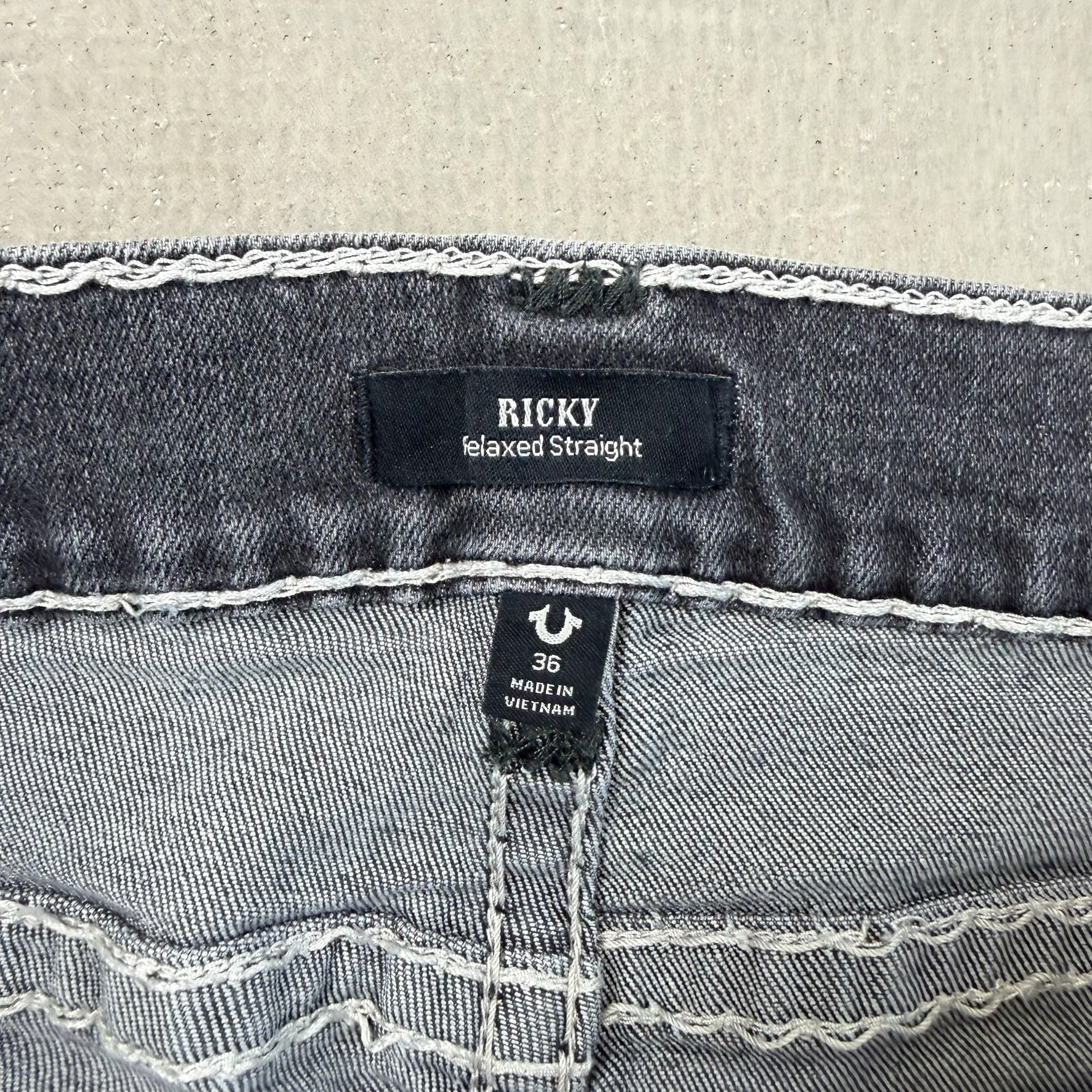 F- Vintage True Religion Ricky Relaxed Straight Leg Washed Black Jeans