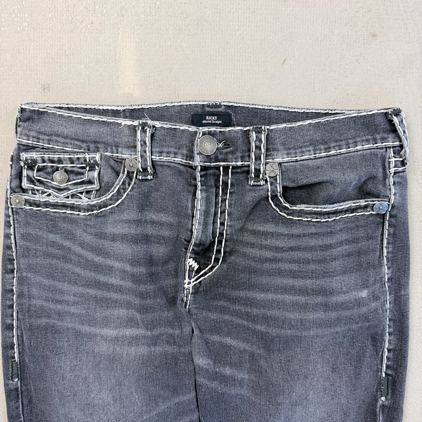 F- Vintage True Religion Ricky Relaxed Straight Leg Washed Black Jeans