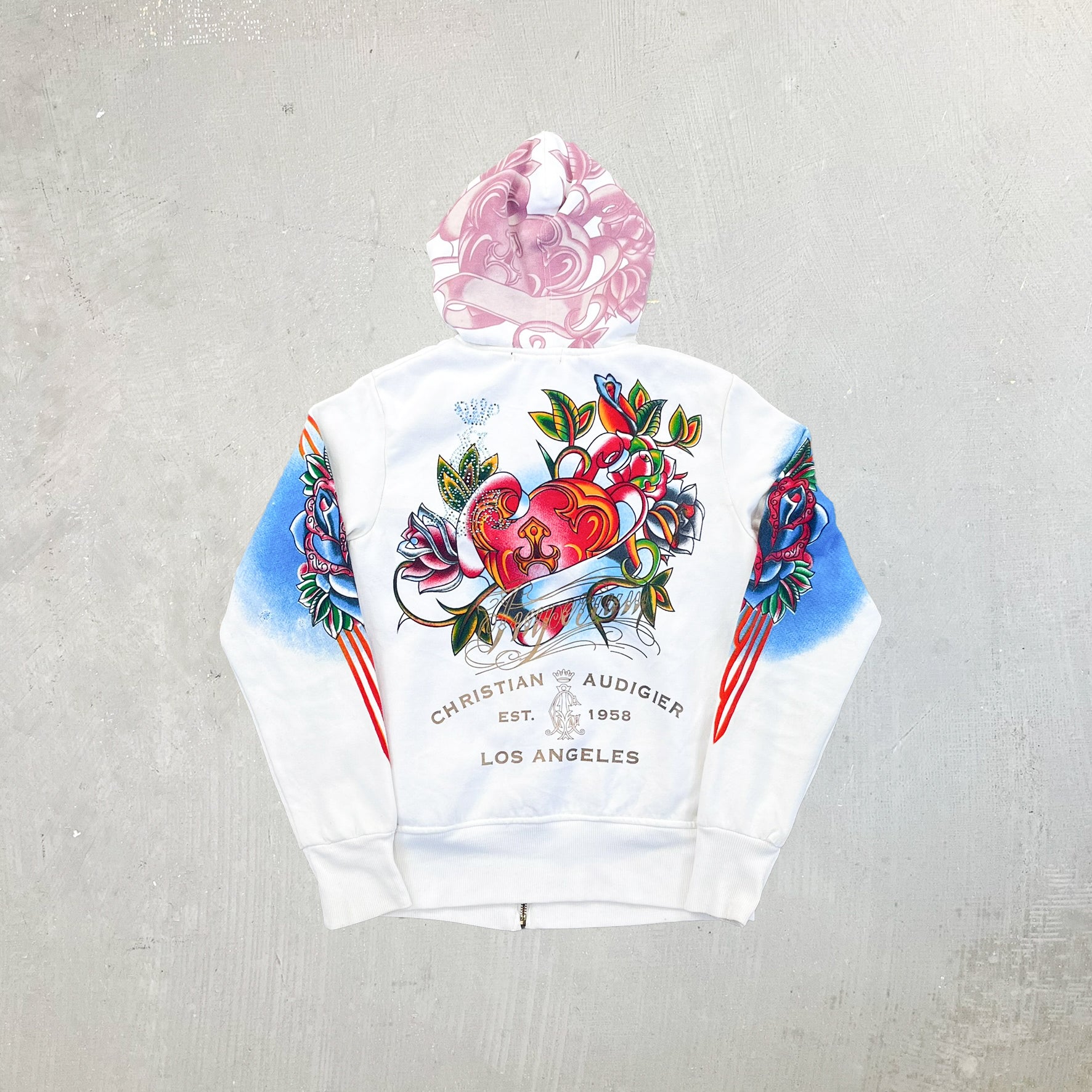 F- Vintage Christian Audigier Roses Tattoo Graphic Zip Up Hoodie