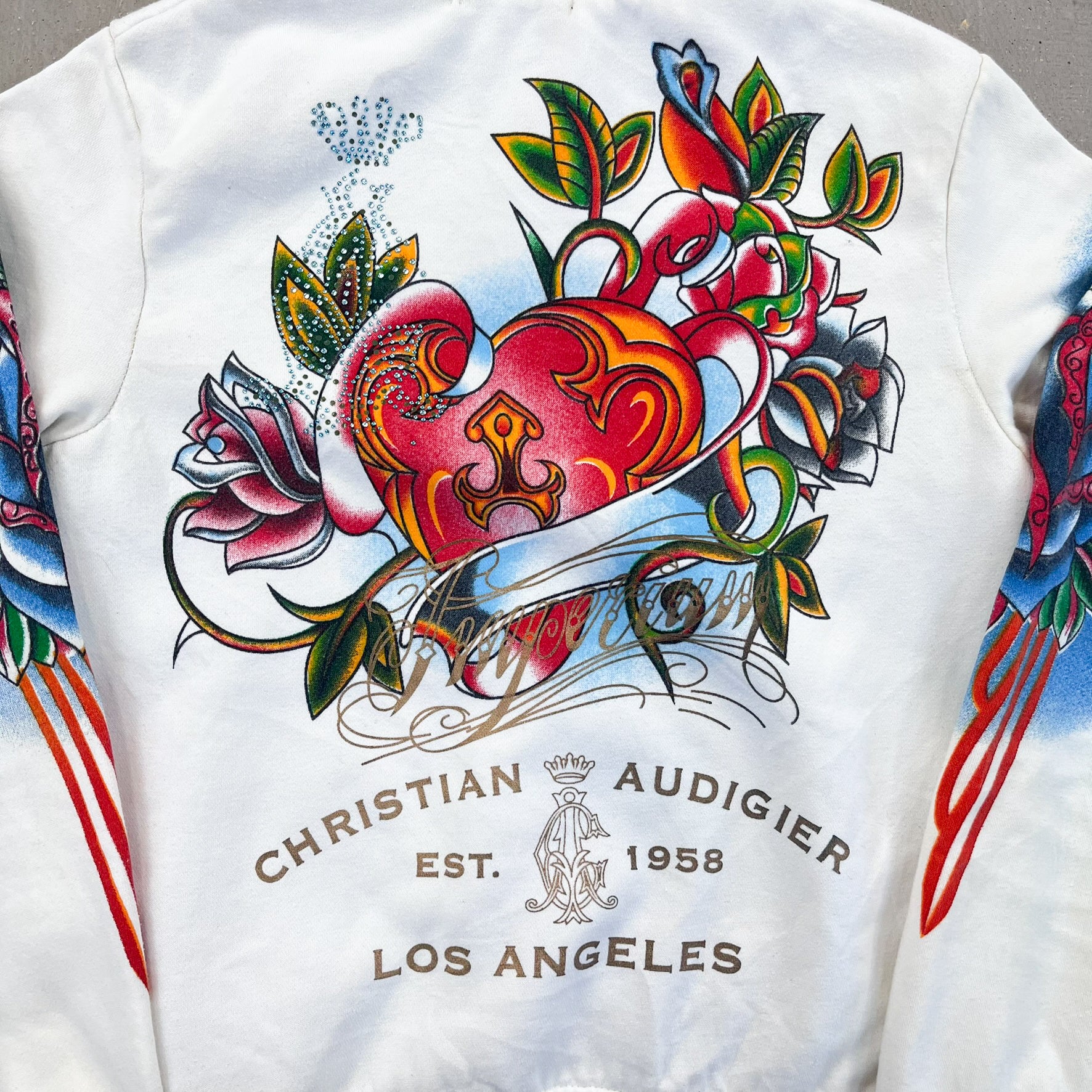 F- Vintage Christian Audigier Roses Tattoo Graphic Zip Up Hoodie