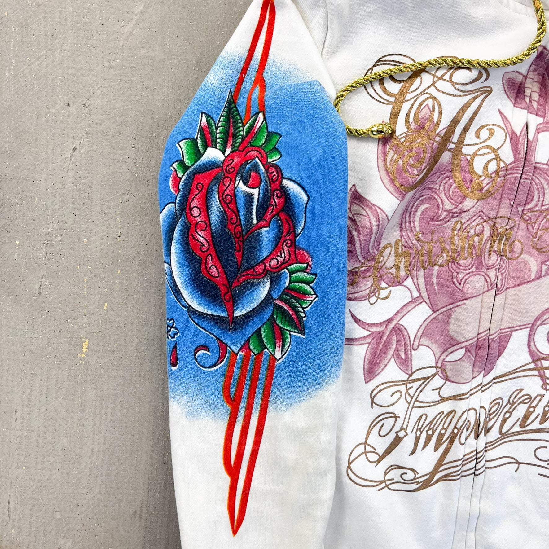 F- Vintage Christian Audigier Roses Tattoo Graphic Zip Up Hoodie