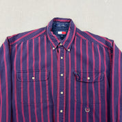 F- Vintage Tommy Hilfiger Stripped Embroidered Crest Button Down Shirt