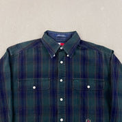 F- Vintage Tommy Hilfiger Plaid Embroidered Crest Button Down Shirt