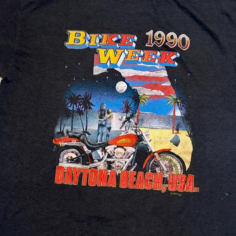 J- Vintage '90 Harley Davidson Last Biker On Earth Bike Week Tee - XL