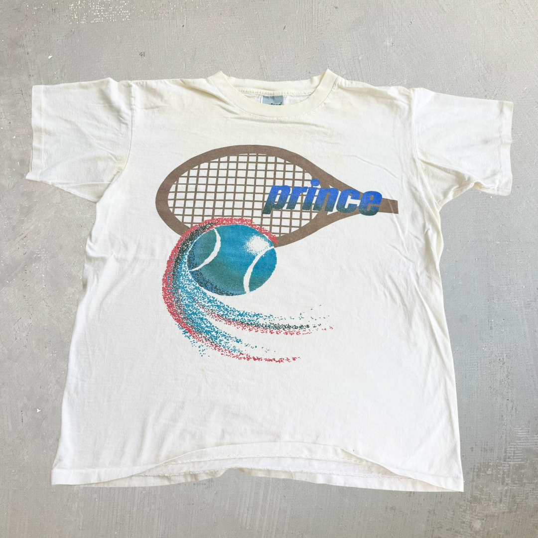 J- Vintage 90s Prince Tennis Racket & Ball Graphic Made In USA Single Stitch Tee - L