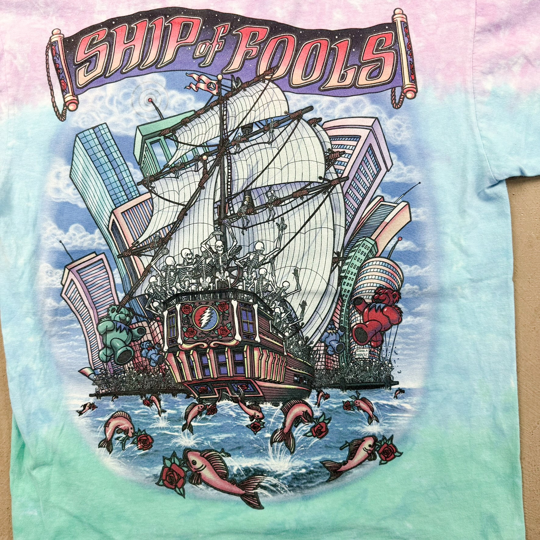 F- Vintage '01 The Grateful Dead Ship Of Fools Liquid Blue All Over Print Tie Dye Tee
