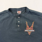 F- Vintage '98 Harley Davidson Kansas City Made In USA Single Stitch Henley Tee