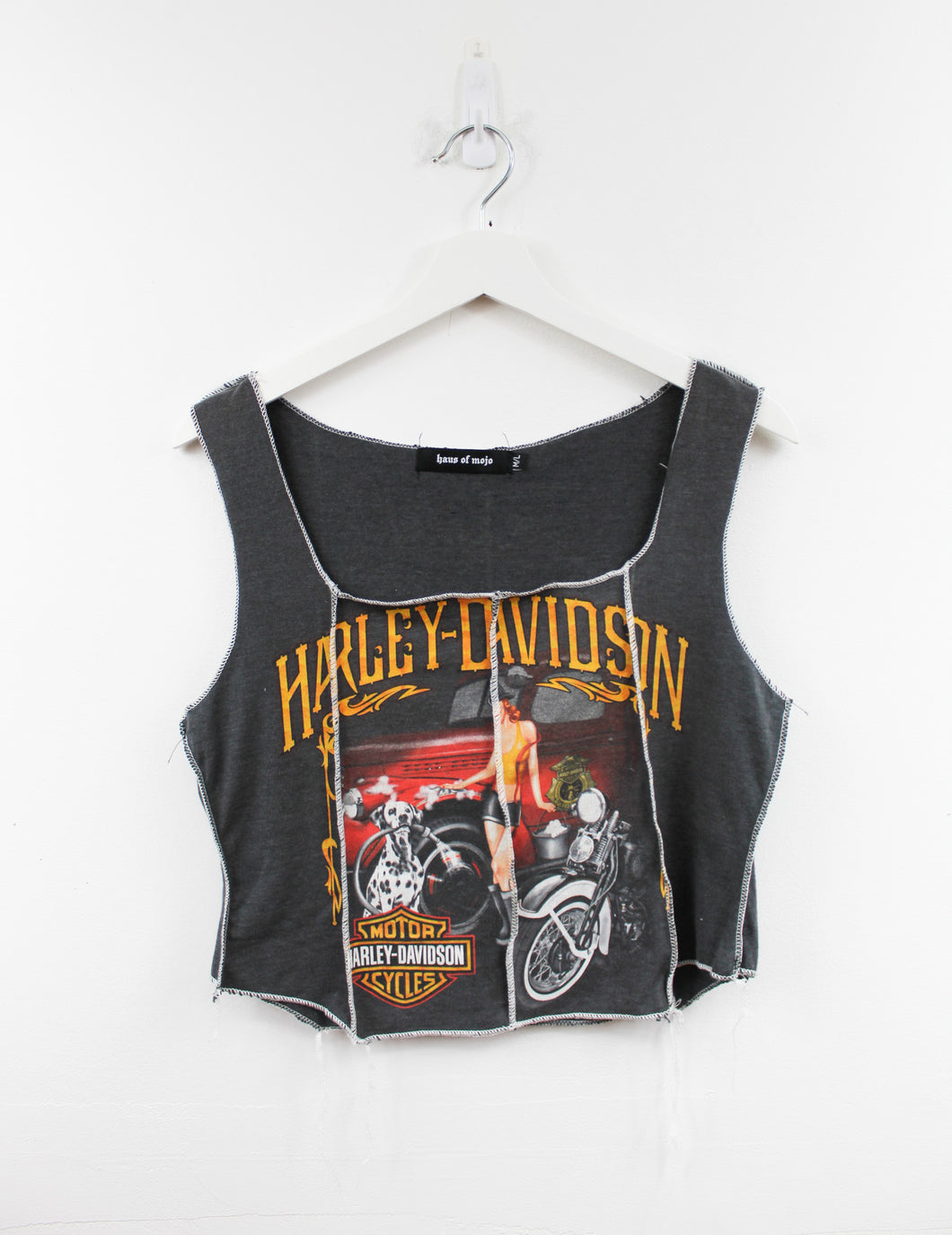 Haus Of Mojo Reworked Vintage Harley Davidson Greensburg Lady And Dog Design Double Stitch Crop Top